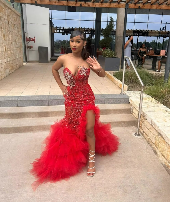 Customized Sexy Black Girls Sequins Red Prom Dress Crystal Beaded High Slit Ruffles African Party Aso Ebi Gown