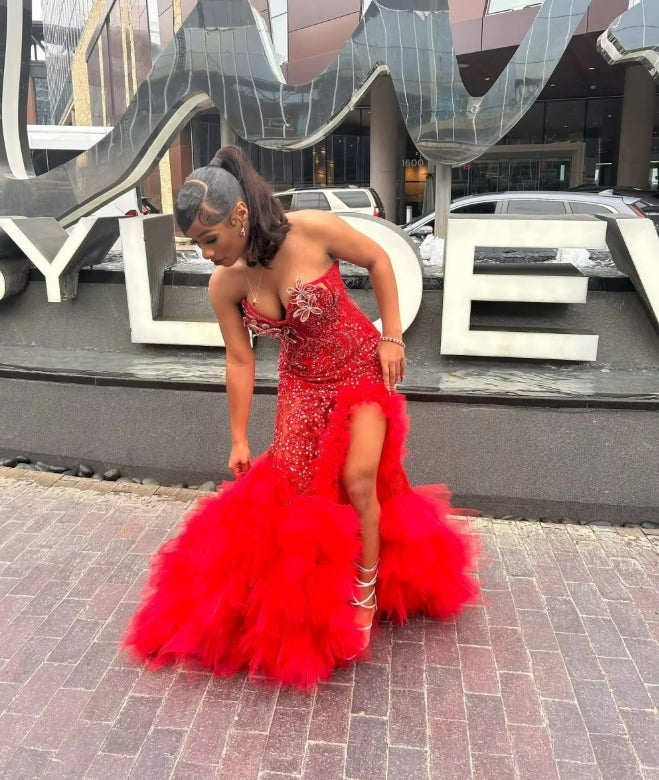 Customized Sexy Black Girls Sequins Red Prom Dress Crystal Beaded High Slit Ruffles African Party Aso Ebi Gown