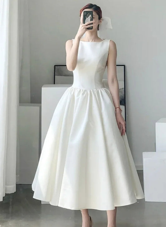 Vestido de novia de satén blanco, elegante vestido de noche de graduación, vestido midi para mujer, verano, sexy, largo, para cumpleaños, graduación, fiesta