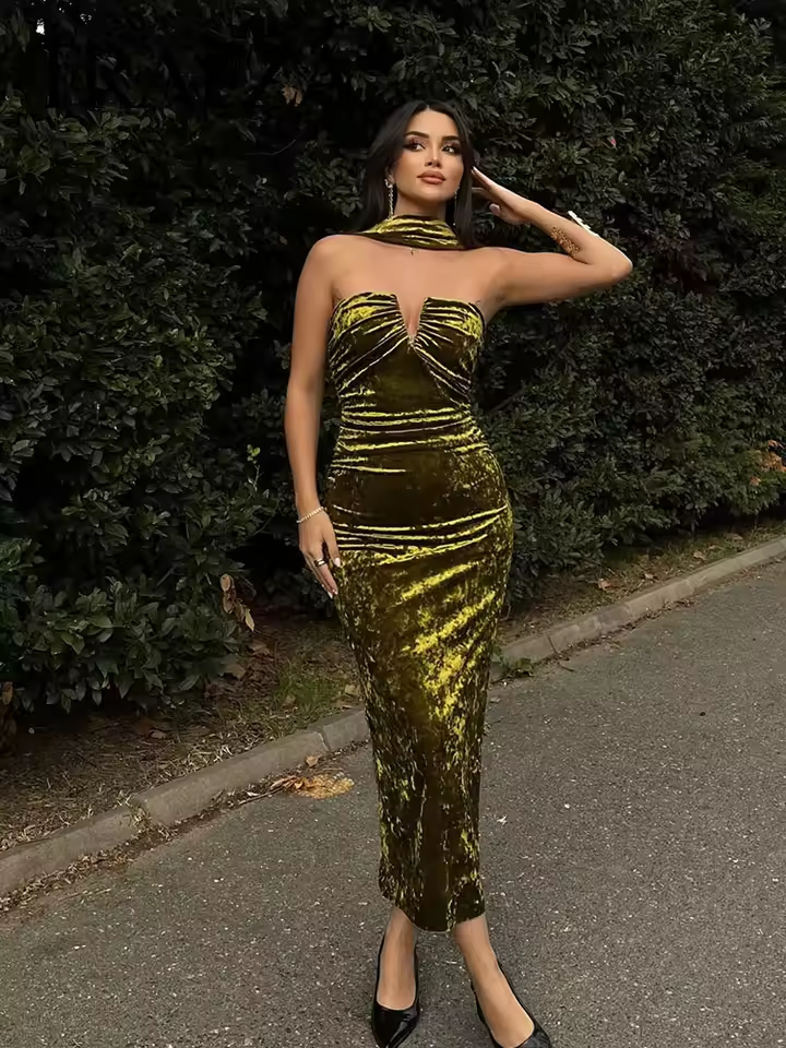 Summer Woman Sleeveless Backless Folds Zipper Design Dress 2025 Women Strapless Velvet Midi Dress Party Evening Dress