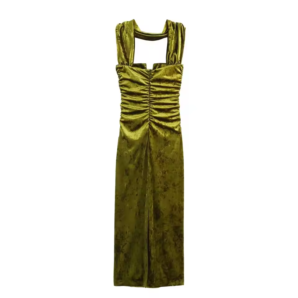 Vestido de verano para mujer, sin mangas, espalda descubierta, con pliegues y cremallera, vestido midi de terciopelo sin tirantes para fiesta de noche, 2025