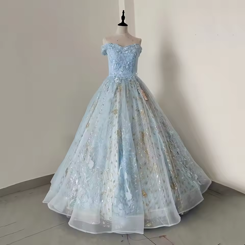 Light Blue Princess Dresses Gowns Lace Prom Poncho Dresses Glitter Sequins Prom Dresses