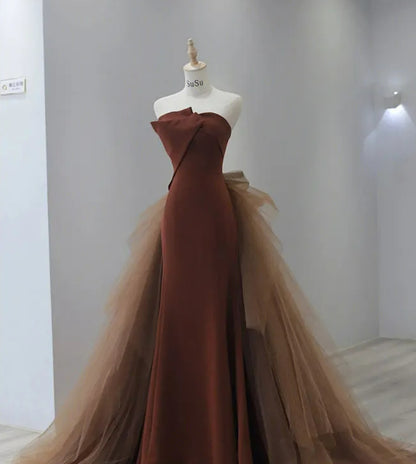 Elegant Strapless Evening Mermaid Formal Maxi Dresses for Women Sexy Prom Guest Cocktail Party Mesh Trailing Long Dress