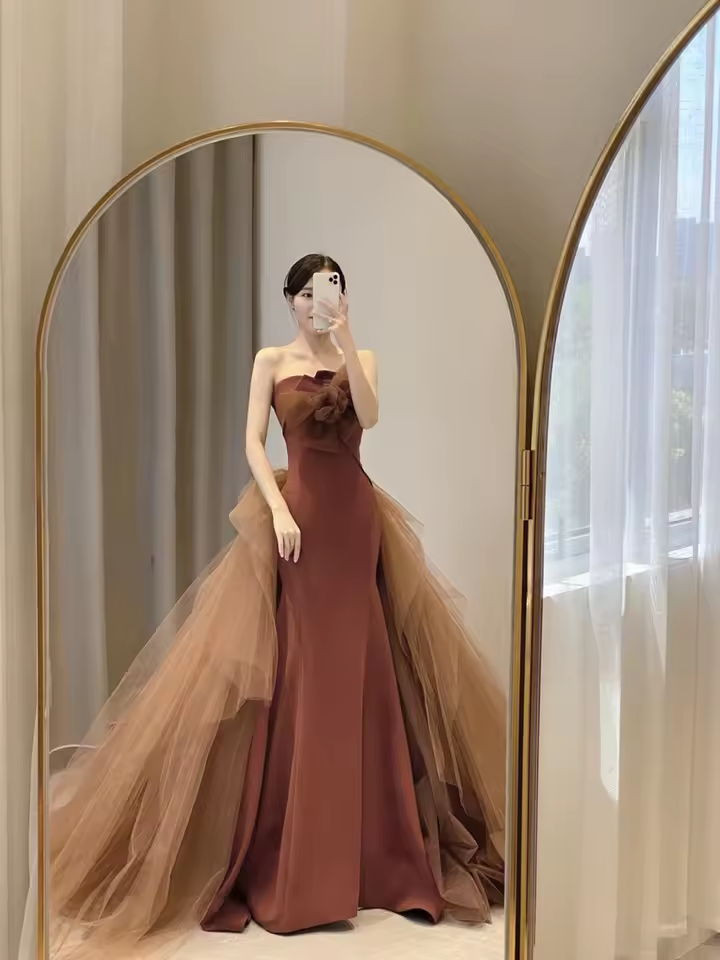 Elegant Strapless Evening Mermaid Formal Maxi Dresses for Women Sexy Prom Guest Cocktail Party Mesh Trailing Long Dress