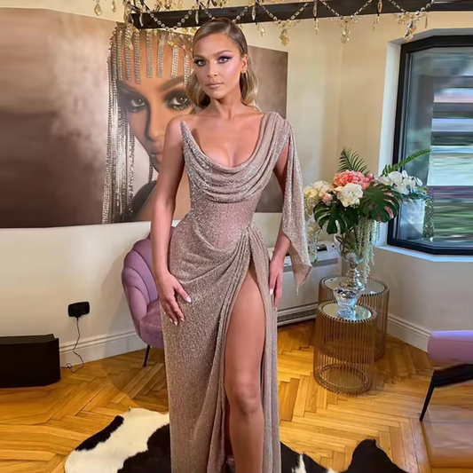 Vestido largo de lentejuelas con un solo hombro, llamativo, plisado, con pliegues de espiga, sexy, con abertura alta, para fiesta y noche