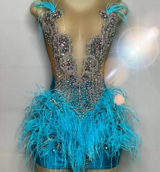 Vestidos de fiesta con plumas azules brillantes, vestidos de cumpleaños con borlas para niña negra, vestido de fiesta formal con cuentas de cristal, atuendo de película personalizado