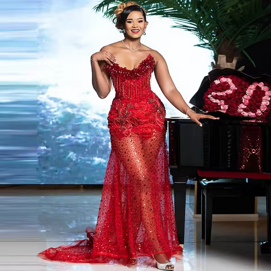 Impresionantes vestidos de fiesta rojos con borlas y cuentas, vestidos africanos con lentejuelas, vestidos formales para bodas y fiestas de San Valentín.