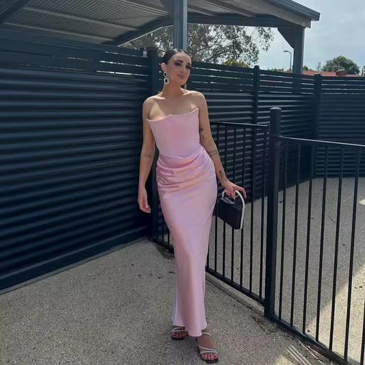 Vestido de noche sin tirantes de invierno para mujer, vestido maxi rosa con corsé, elegante vestido largo de satén para fiesta de gala nocturna.