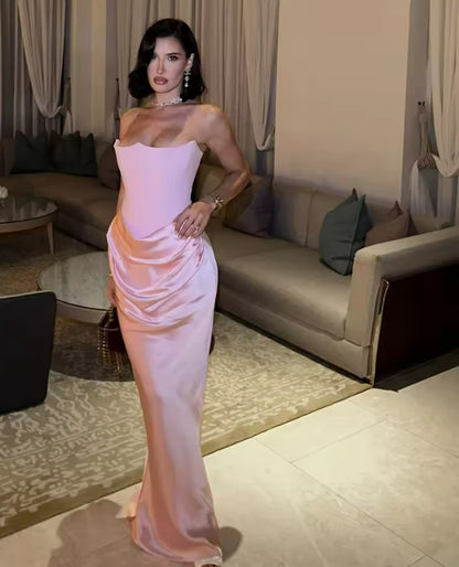 Mermaid Formal Evening Dresses Pink Strapless Satin Women Prom Dress Long Special Occasion Party Gowns Customized