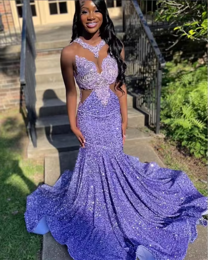 Customized Lilac Purple Luxury Cocktail Dresses African Girls Beaded Glitter Embellished Prom Dresses New Style Gowns Dresses