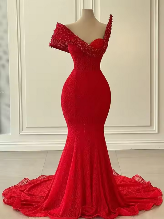 Elegaant Red Sweetheart Long Prom Dresses For Black Girl Bead Crystal Birthday Luxury Dress Lace Evening Dresses Customized
