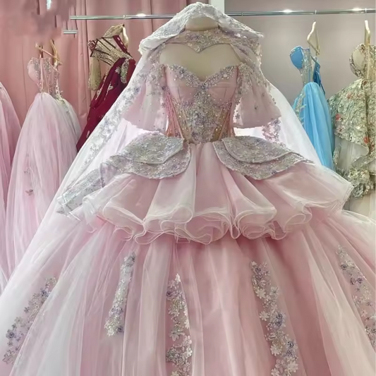 Customized Princess Girl Quinceanera Dresses With Cape Off Shoulder Lace Applique Illusion Ballgown Prom Occasion Dress Party 15