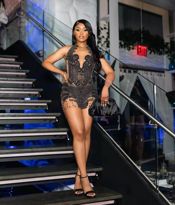 Robe de bal courte sexy et scintillante en diamants noirs, avec cristaux scintillants et strass, robe de cocktail pour fête d'anniversaire, robe de bal personnalisée