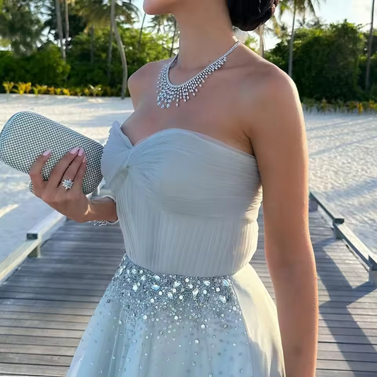 Customized Saudi Arabia Evening Dress Exquisite Tiered Tulle Sparkly Crystal Party Gowns Sweep Train Zipper Back Prom Dresses