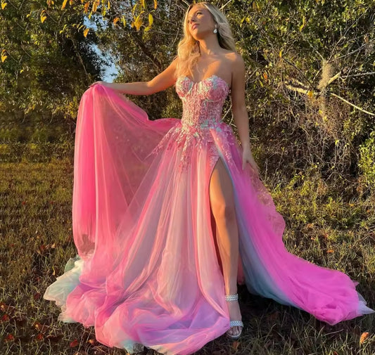 Customized Fairy Pink Sky Blue Prom Party Dresses Applique Women Evening Dress Slit Formal Wedding Engagement Gowns