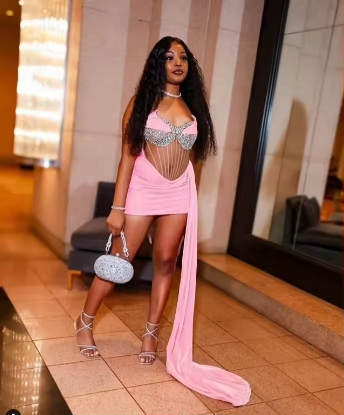 Sexy See Through Short Lady Party Dresses 2025 Pink Velvet Cocktail Party Gowns Black Girl Customized Robes De Soirée