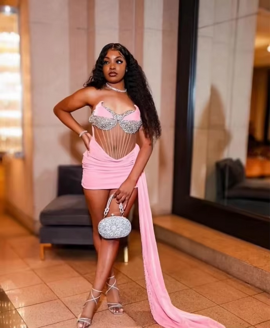 Vestidos de fiesta cortos y sexys transparentes para dama 2025, de terciopelo rosa, para cóctel, para chica negra, vestidos de noche personalizados.