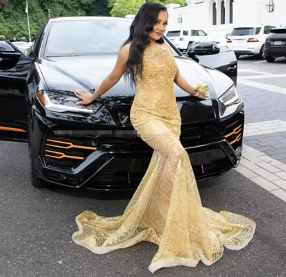 Vestido de baile sereia transparente e sexy, luxuoso, com apliques de cristais e contas, preto, para meninas, vestidos de festa de aniversário, robes de soirée