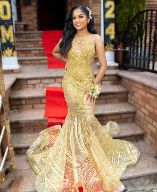 Vestido de fiesta de sirena sexy transparente con apliques de cuentas de cristal de lujo para niñas, vestidos de fiesta de cumpleaños, vestidos de noche