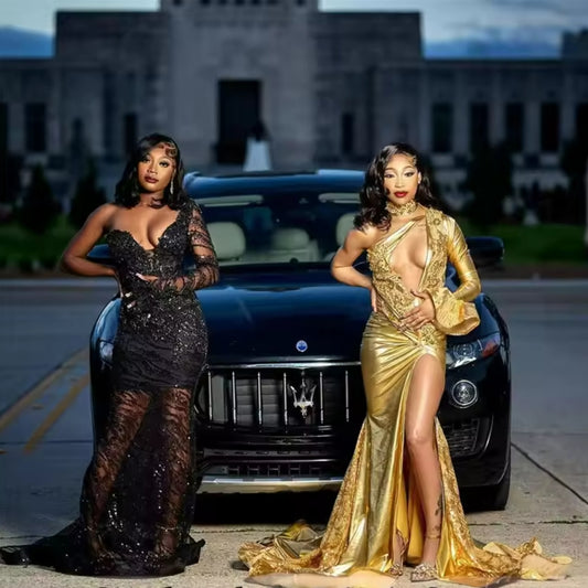 Vestidos de fiesta de sirena dorados brillantes para chicas negras, un hombro, cuentas de cristal, lentejuelas, borlas, vestido de cumpleaños personalizado
