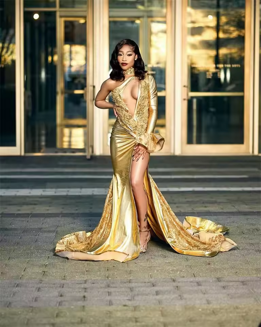 Vestidos de fiesta de sirena dorados brillantes para chicas negras, un hombro, cuentas de cristal, lentejuelas, borlas, vestido de cumpleaños personalizado