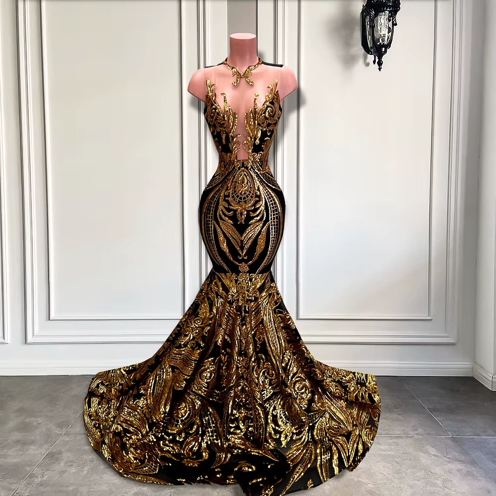 Robe de bal longue noire et dorée à paillettes pour filles noires, sexy, transparente, style sirène, robe de soirée formelle pour femmes
