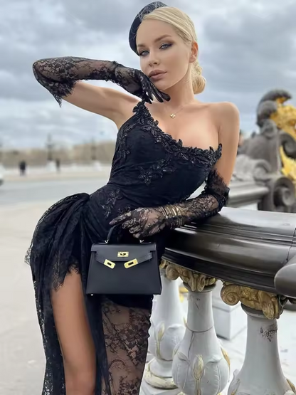 Novos vestidos de verão femininos, sexy, sem alças, renda preta, elegante, com luvas, manga, baile, festa à noite, casamento, celebridades