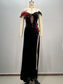 Vestido largo de terciopelo negro con flores rojas y brillantes diamantes de imitación para mujer, elegante, ajustado, para fiesta de noche y banquete.