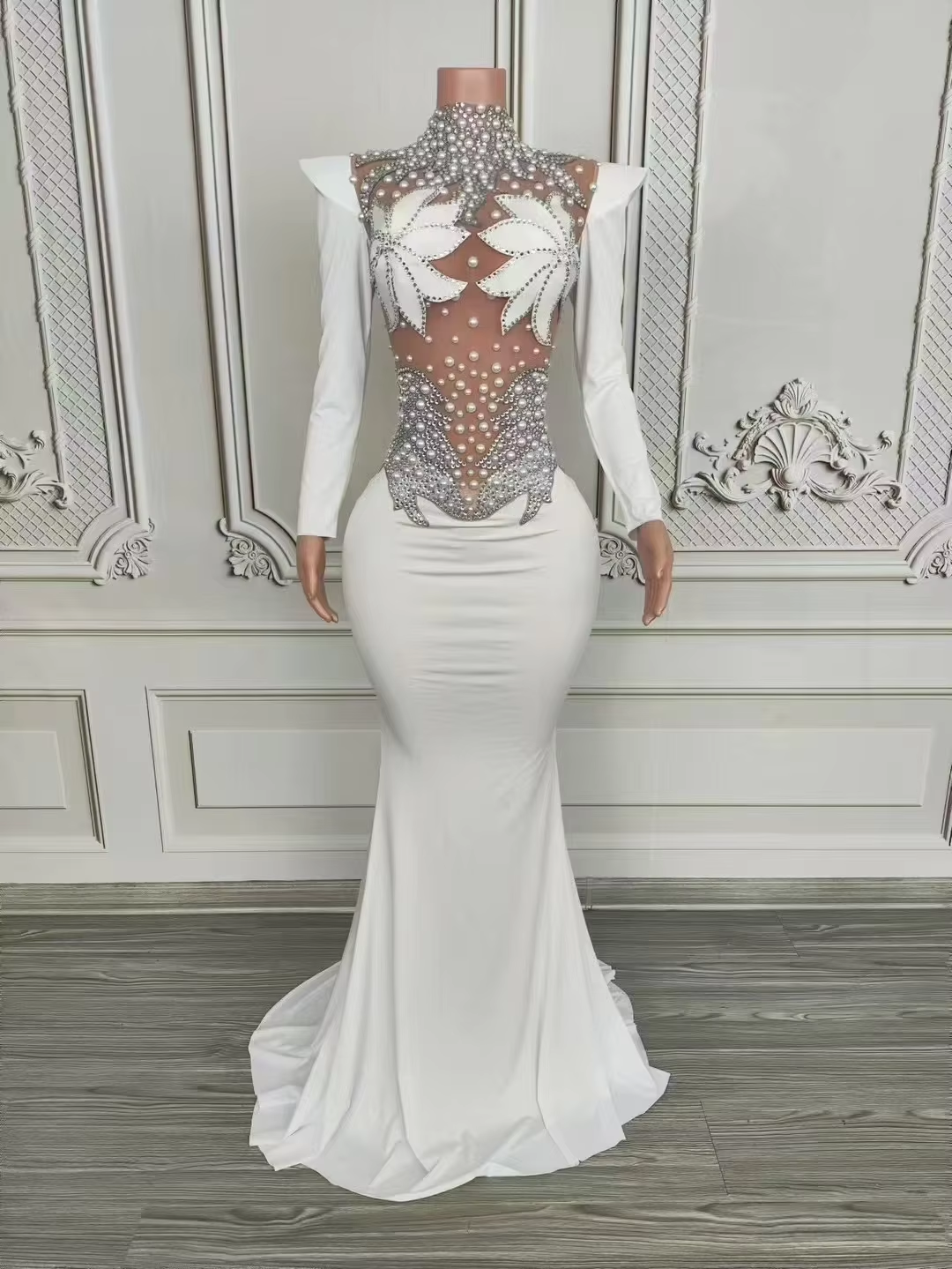 Vestido largo hasta el suelo con perlas y brillantes de imitación para mujer, sexy, de malla, para escenario, noche, club, graduación, boda, celebración, cumpleaños, sesión de fotos.