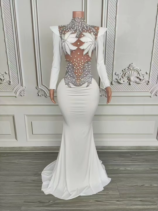 Vestido largo hasta el suelo con perlas y brillantes de imitación para mujer, sexy, de malla, para escenario, noche, club, graduación, boda, celebración, cumpleaños, sesión de fotos.