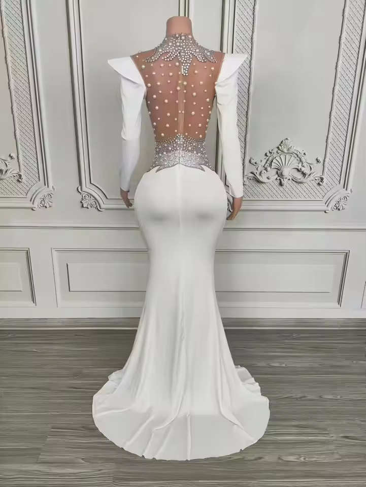 Vestido largo hasta el suelo con perlas y brillantes de imitación para mujer, sexy, de malla, para escenario, noche, club, graduación, boda, celebración, cumpleaños, sesión de fotos.