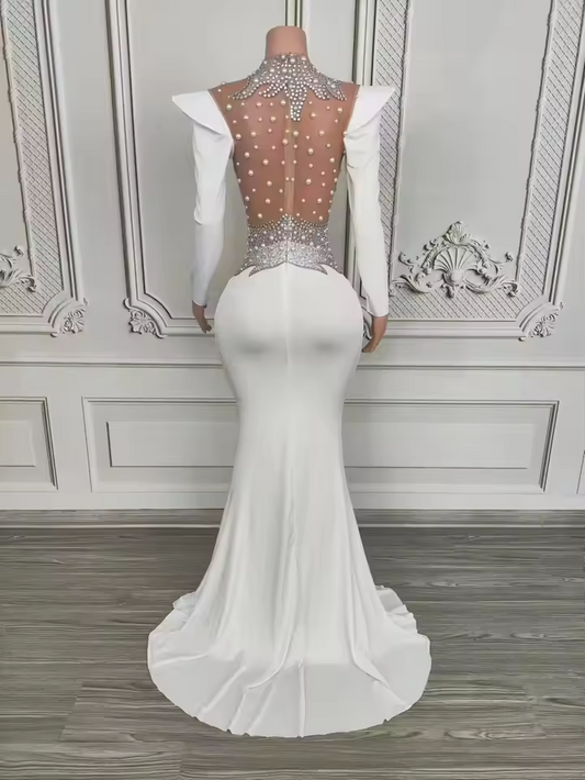 Vestido largo hasta el suelo con perlas y brillantes de imitación para mujer, sexy, de malla, para escenario, noche, club, graduación, boda, celebración, cumpleaños, sesión de fotos.