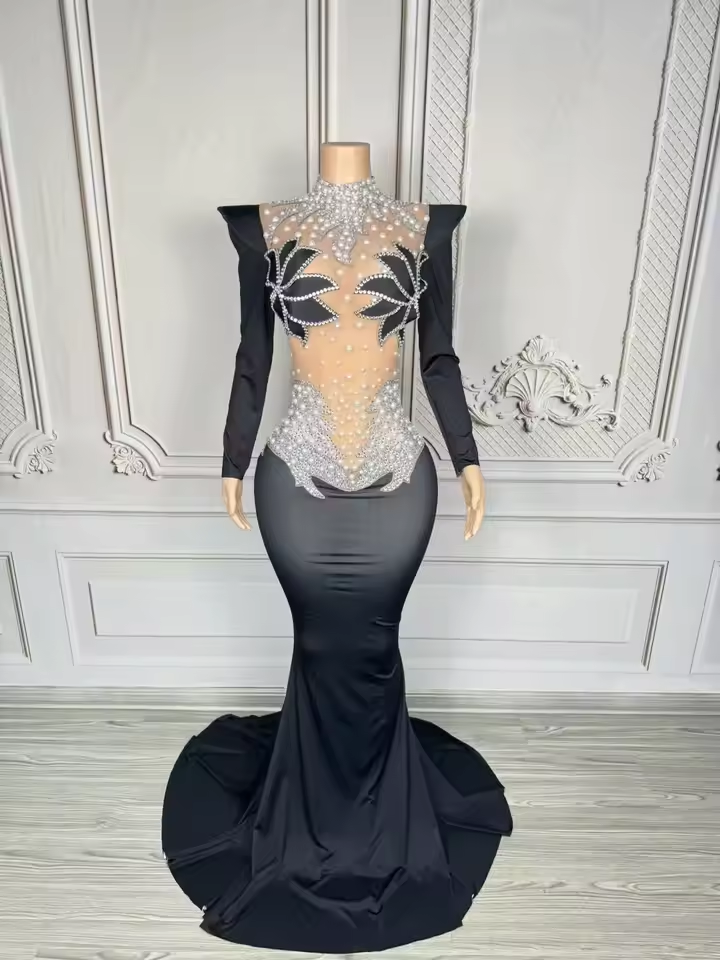 Vestido largo hasta el suelo con perlas y brillantes de imitación para mujer, sexy, de malla, para escenario, noche, club, graduación, boda, celebración, cumpleaños, sesión de fotos.