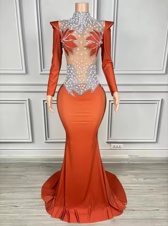 Vestido largo hasta el suelo con perlas y brillantes de imitación para mujer, sexy, de malla, para escenario, noche, club, graduación, boda, celebración, cumpleaños, sesión de fotos.