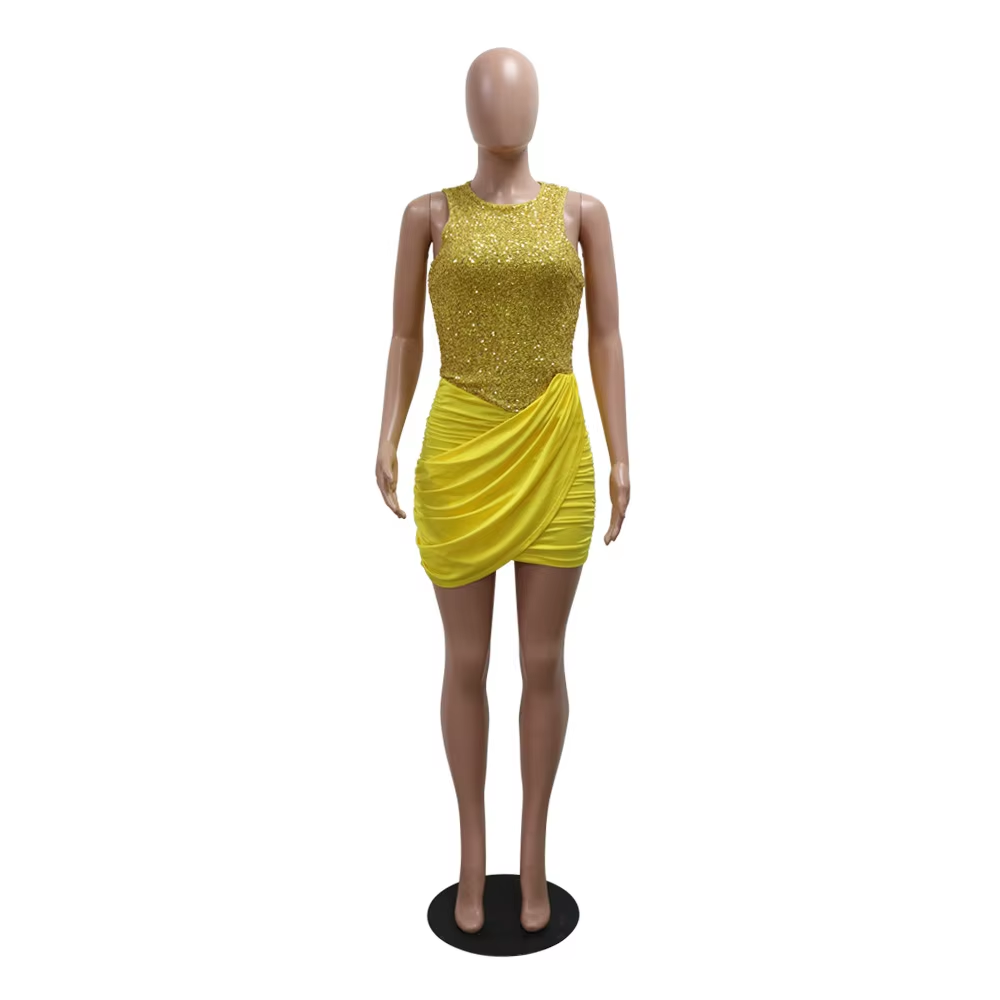 Sexy Sleeveless O Neck Sequin Patchwork Ruched Short Dresses Glitter Golden Birthday Dress Evening Night Clubwear Vestido