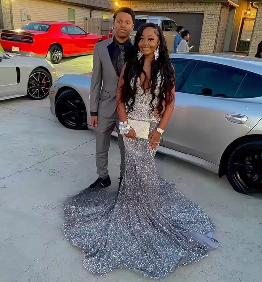 Vestidos de fiesta plateados brillantes 2025, vestidos de fiesta de sirena con lentejuelas de diamantes de cristal de lujo para niñas negras, vestido de noche personalizado