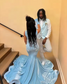 Baby Blue Prom Dresses 2025 Crystal Rhinestone Mermaid Party Dress Long Women Velvet Evening Gowns With Gloves Customized