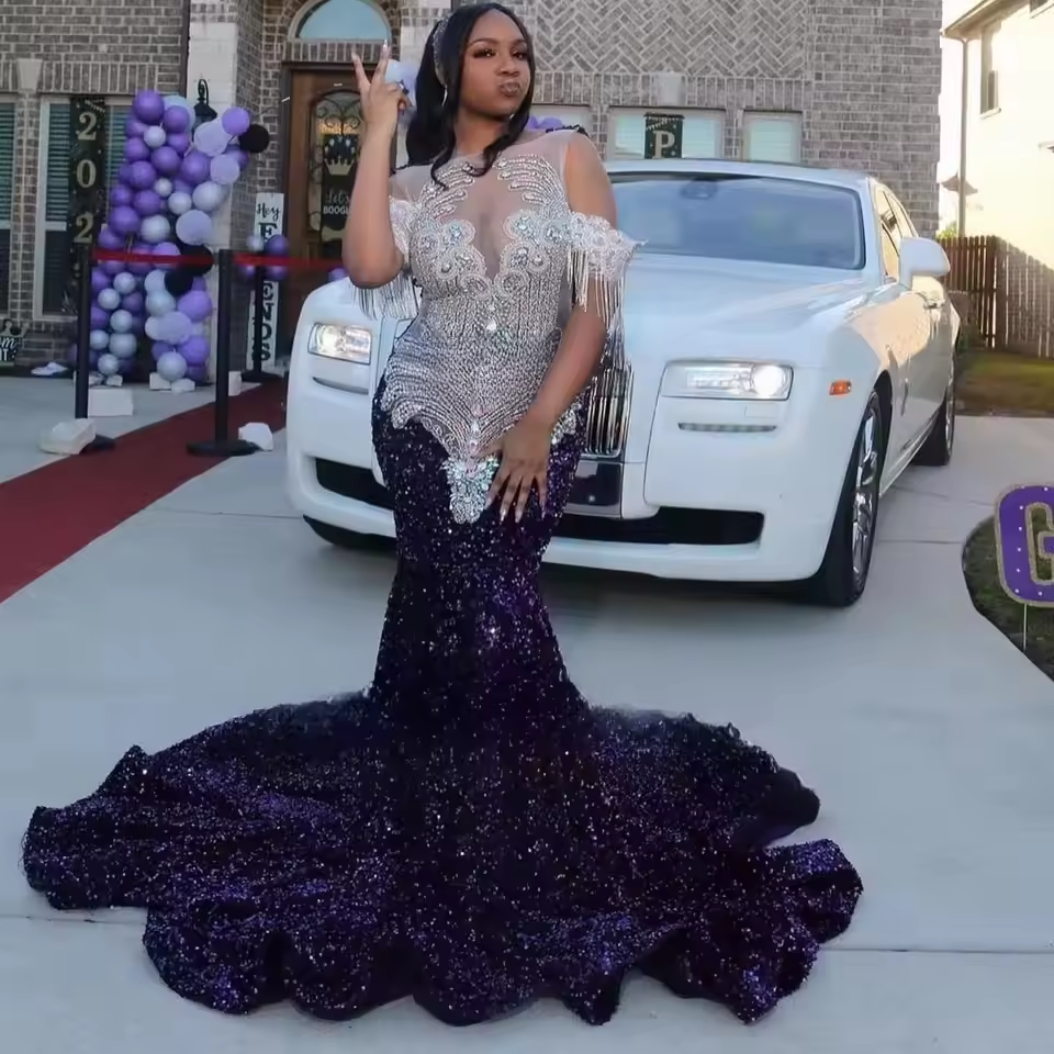 Robe de bal sirène longue et personnalisée, à volants étagés, avec strass et perles, élégante robe de soirée pour femme, robe de fête d'anniversaire