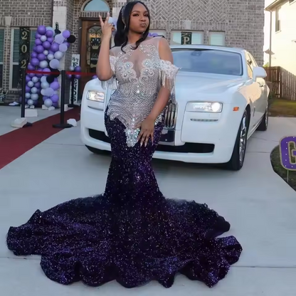 Robe de bal sirène longue et personnalisée, à volants étagés, avec strass et perles, élégante robe de soirée pour femme, robe de fête d'anniversaire