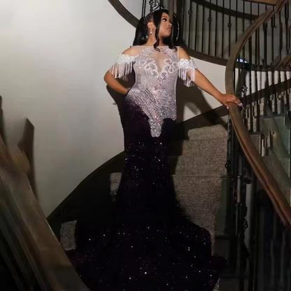 Robe de bal sirène longue et personnalisée, à volants étagés, avec strass et perles, élégante robe de soirée pour femme, robe de fête d'anniversaire