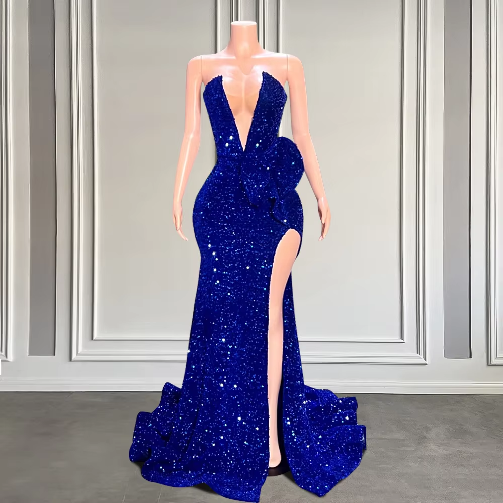Vestidos de baile elegantes, longos, estilo sereia, azul, 2025, sem alças, com fenda alta, pretos, para meninas, lantejoulas brilhantes, vestidos de baile de gala personalizados