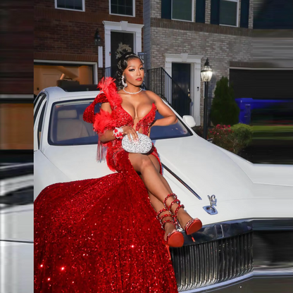 Vestidos de baile sereia sensuais com lantejoulas, decote sexy, penas, borlas, costas com amarração, vestido de noite sereia, vestido de festa formal Aso Ebi