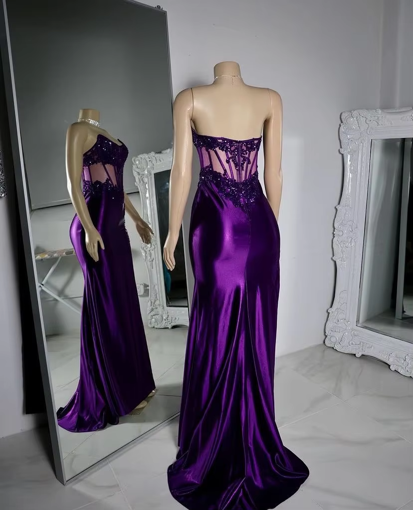 Vestido de fiesta de graduación con apliques de encaje y cuentas transparentes, estilo sirena, sexy, con abertura lateral, vestido de noche con parte superior a rayas regulares y cola
