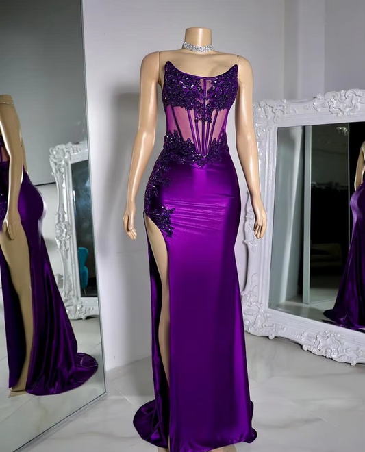 Vestido de fiesta de graduación con apliques de encaje y cuentas transparentes, estilo sirena, sexy, con abertura lateral, vestido de noche con parte superior a rayas regulares y cola