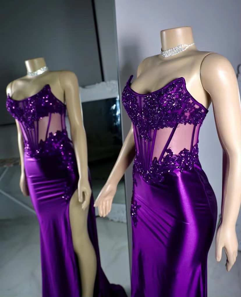 Vestido de fiesta de graduación con apliques de encaje y cuentas transparentes, estilo sirena, sexy, con abertura lateral, vestido de noche con parte superior a rayas regulares y cola