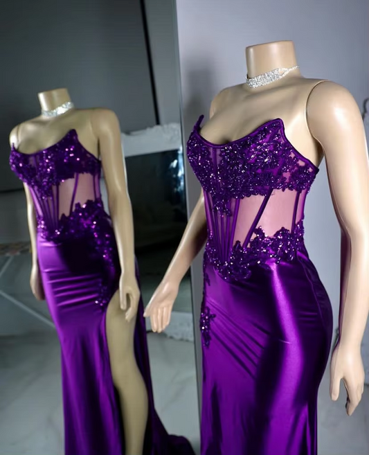 Vestido de fiesta de graduación con apliques de encaje y cuentas transparentes, estilo sirena, sexy, con abertura lateral, vestido de noche con parte superior a rayas regulares y cola