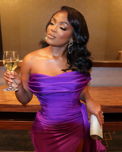 فساتين سهرة أنيقة باللون الأرجواني بدون حمالات مع كشكشة مطوية وفتحة عالية للنساء فساتين حفلات رسمية حورية البحر بمقاسات كبيرة