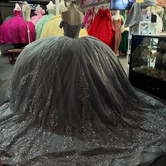 Vestidos de quinceanera cinza brilhantes, vestido de baile, ombro de fora, apliques de renda, miçangas, cristal, tule, festa de aniversário, vestido de 16 anos, vestido