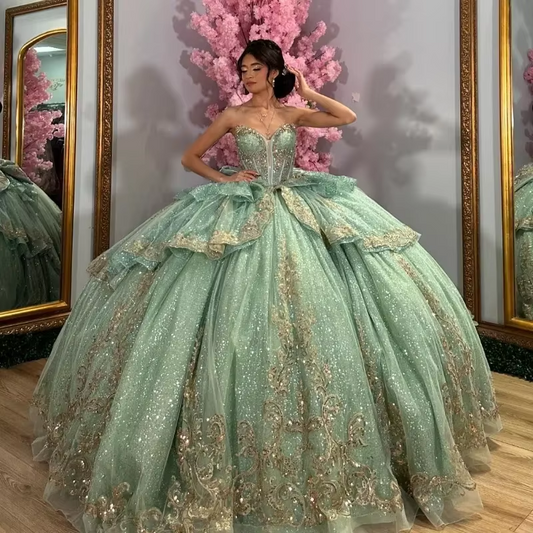 Vestidos de quinceanera verdes com cristais, miçangas douradas, apliques de renda, laços, vestidos de 15 anos, festa de aniversário, Sweet 16, vestido personalizado