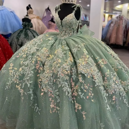 Vestido mexicano personalizado de 15 anos, verde sálvia brilhante, charro quinceanera, vestidos de renda, apliques, espartilho, vestido doce 16